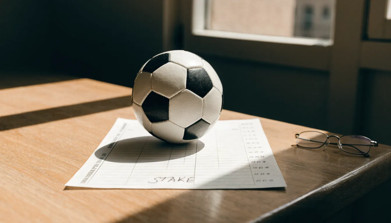 Uma bola de futebol pousada sobre um talão de apostas em branco numa mesa de madeira, à luz do dia
