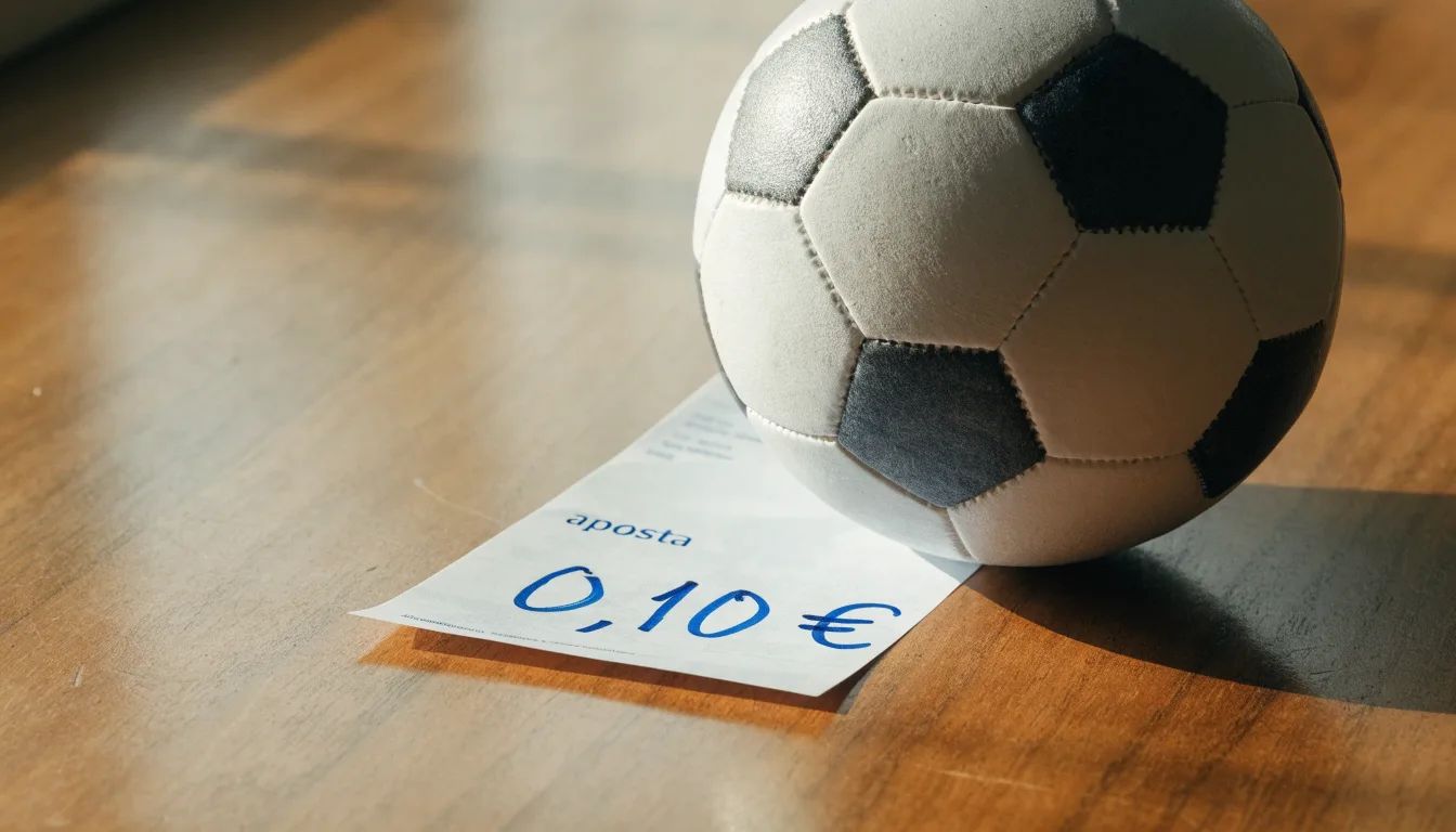 Uma bola de futebol pousada sobre um talão de apostas em branco numa mesa de madeira, à luz do dia