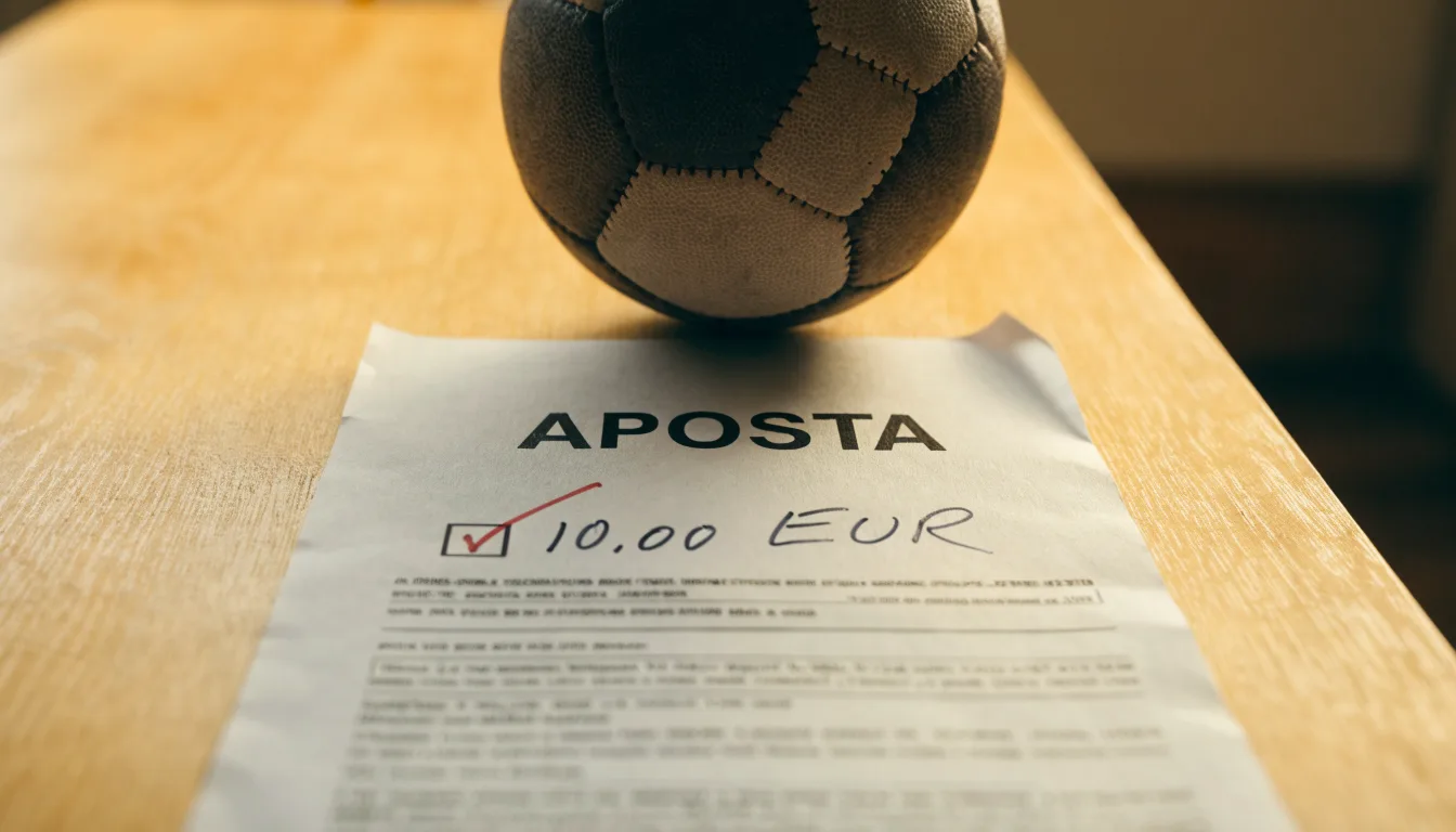 Uma bola de futebol pousada sobre um talão de apostas em branco numa mesa de madeira, à luz do dia
