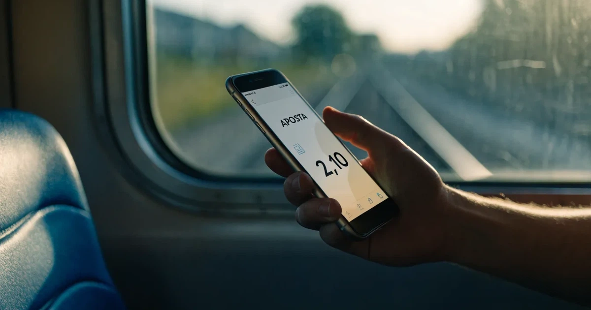 Uma mão a segurar um telemóvel com uma aposta no ecrã, num comboio ao fim da tarde
