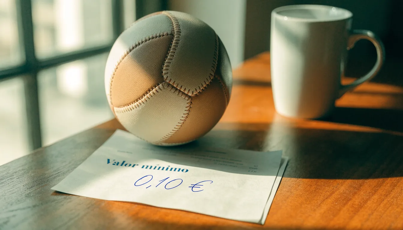 Uma bola de futebol pousada sobre um talão de apostas em branco numa mesa de madeira, à luz do dia