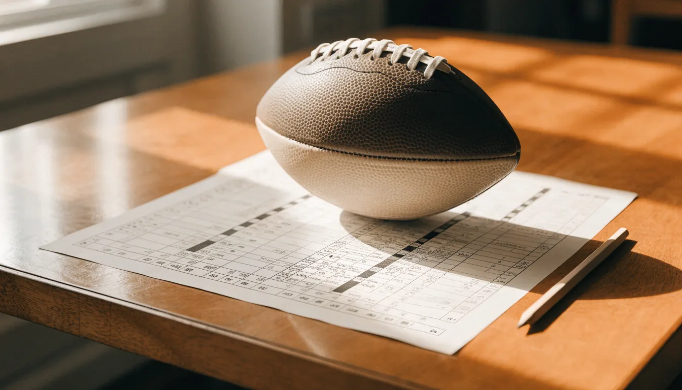 Uma bola de futebol pousada sobre um talão de apostas em branco numa mesa de madeira, à luz do dia