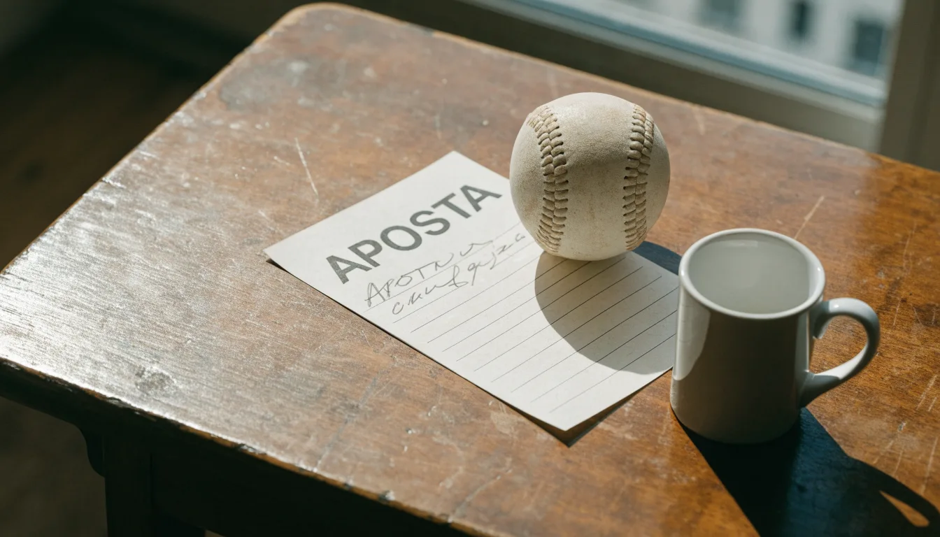 Uma bola de futebol pousada sobre um talão de apostas em branco numa mesa de madeira, à luz do dia