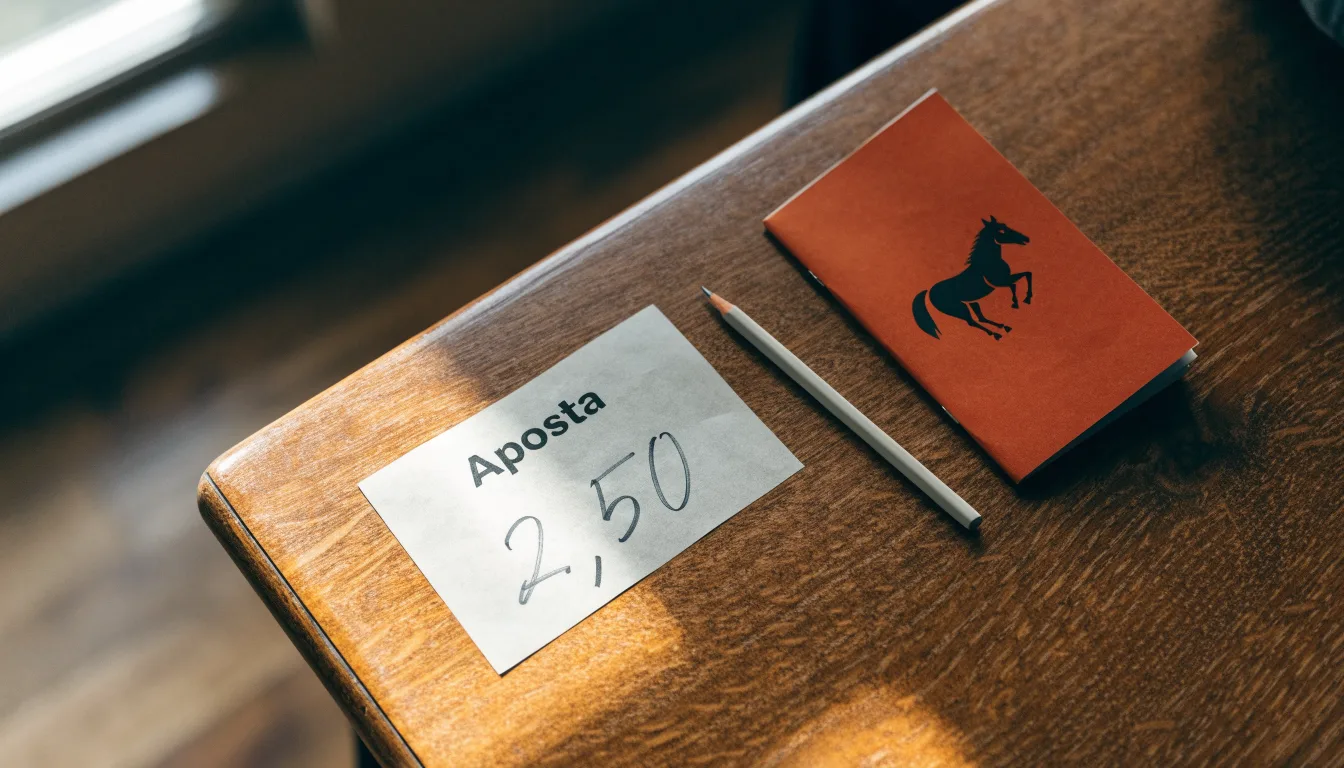 Uma bola de futebol pousada sobre um talão de apostas em branco numa mesa de madeira, à luz do dia