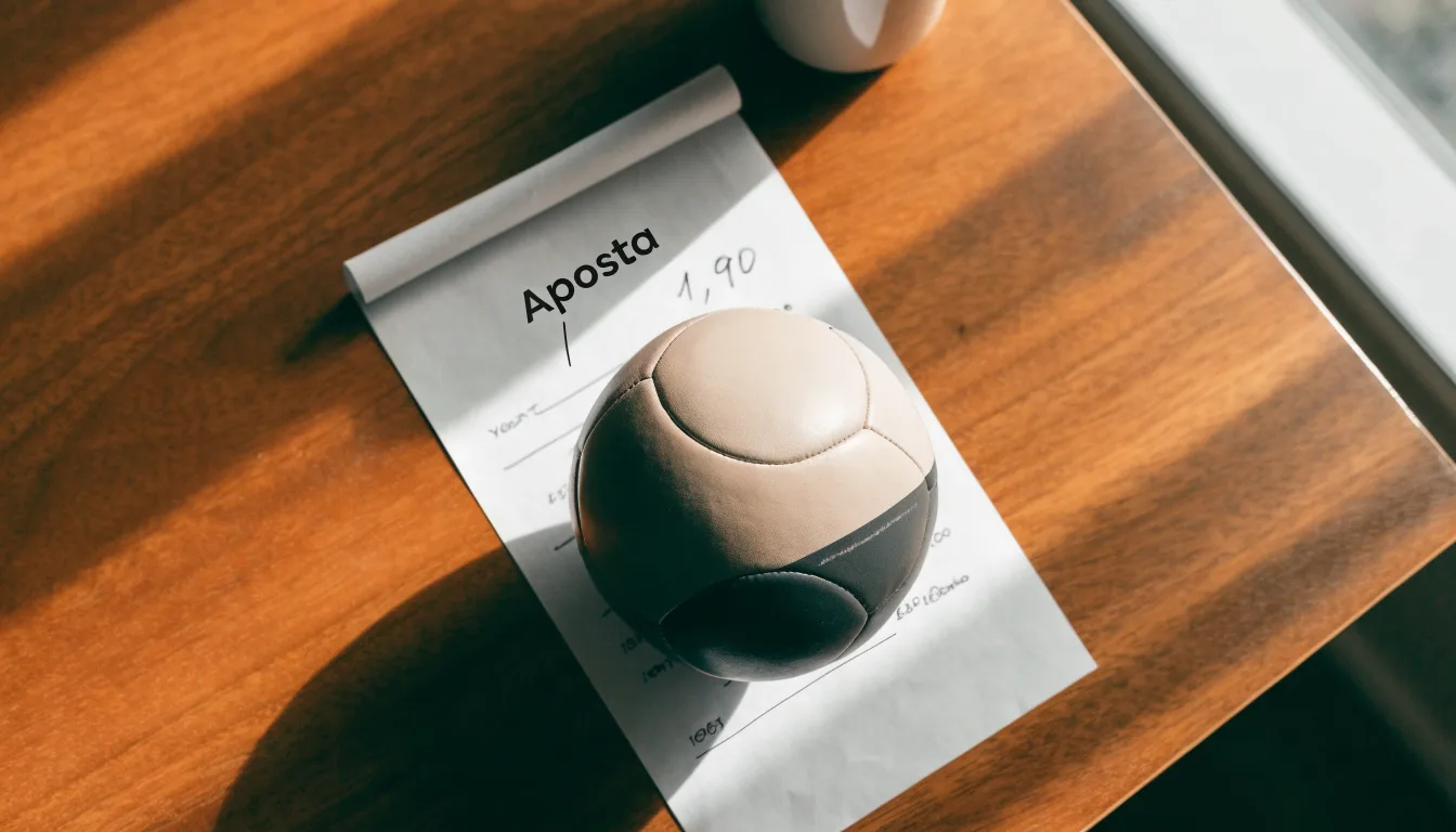 Uma bola de futebol pousada sobre um talão de apostas em branco numa mesa de madeira, à luz do dia