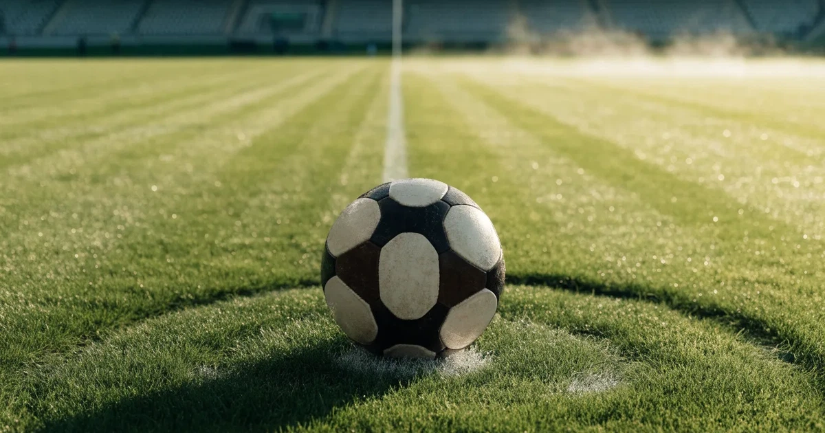 Uma bola de futebol no ponto central de um relvado, à luz da manhã