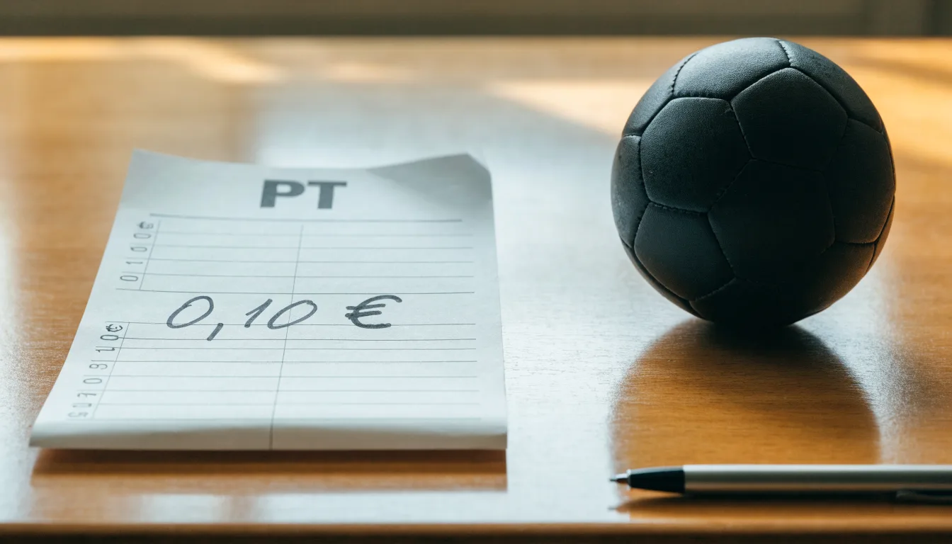 Uma bola de futebol pousada sobre um talão de apostas em branco numa mesa de madeira, à luz do dia