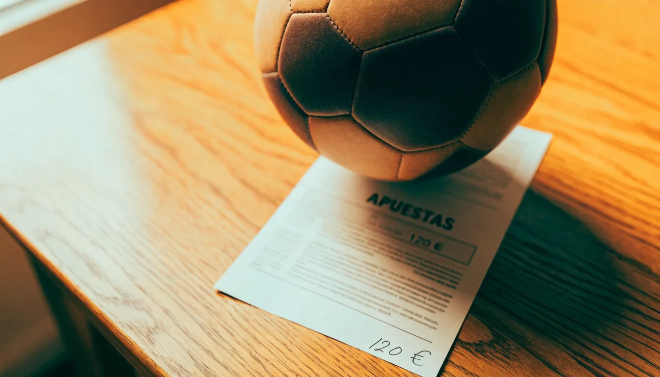 Uma bola de futebol pousada sobre um talão de apostas em branco numa mesa de madeira, à luz do dia