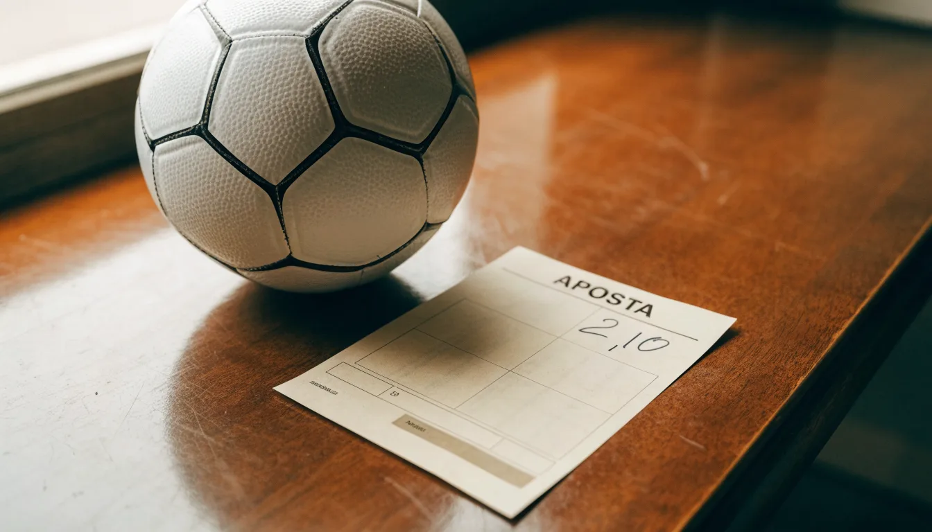 Uma bola de futebol pousada sobre um talão de apostas em branco numa mesa de madeira, à luz do dia