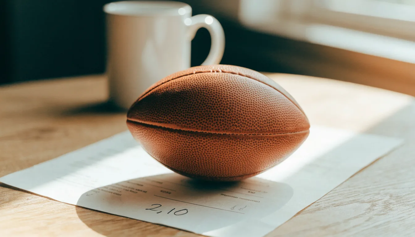 Uma bola de futebol pousada sobre um talão de apostas em branco numa mesa de madeira, à luz do dia