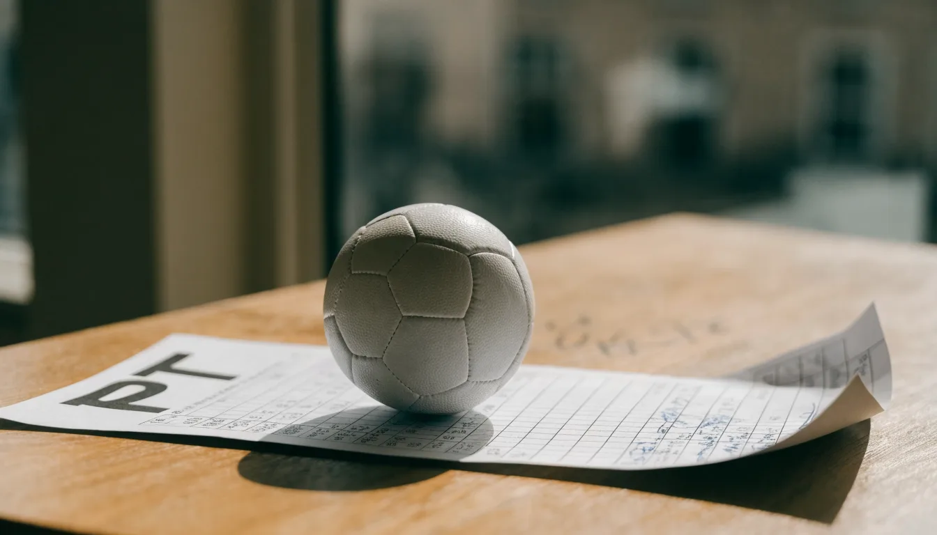 Uma bola de futebol pousada sobre um talão de apostas em branco numa mesa de madeira, à luz do dia