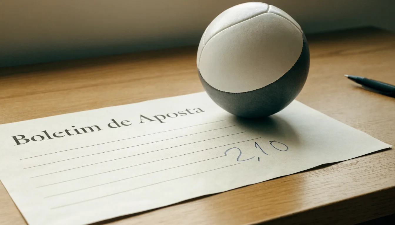 Uma bola de futebol pousada sobre um talão de apostas em branco numa mesa de madeira, à luz do dia