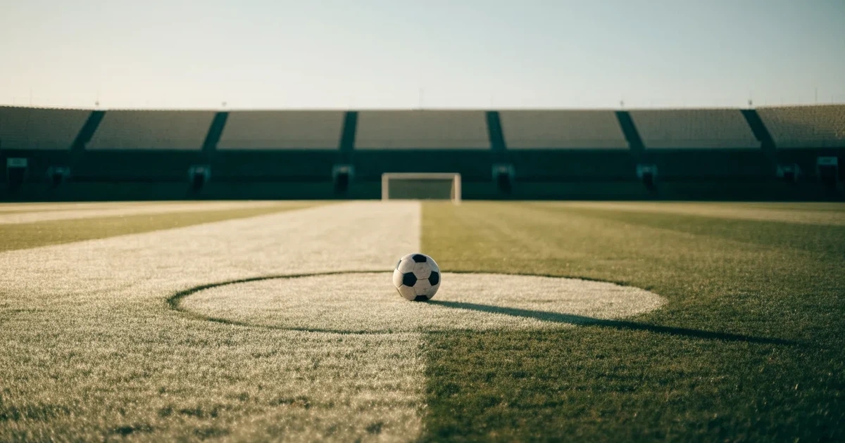 Uma bola de futebol no ponto central de um relvado, à luz da manhã