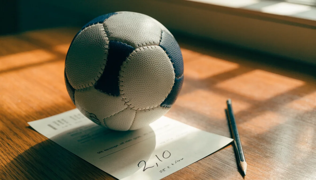 Uma bola de futebol pousada sobre um talão de apostas em branco numa mesa de madeira, à luz do dia