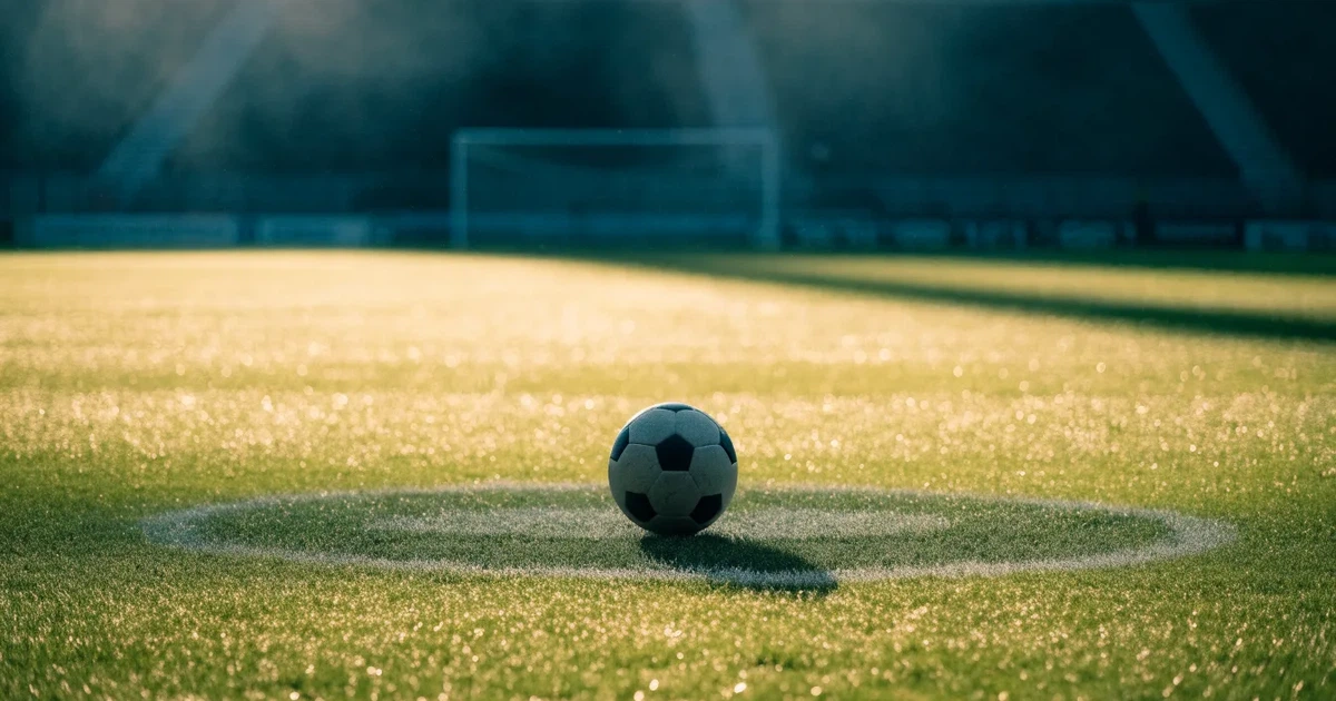 Uma bola de futebol no ponto central de um relvado, à luz da manhã