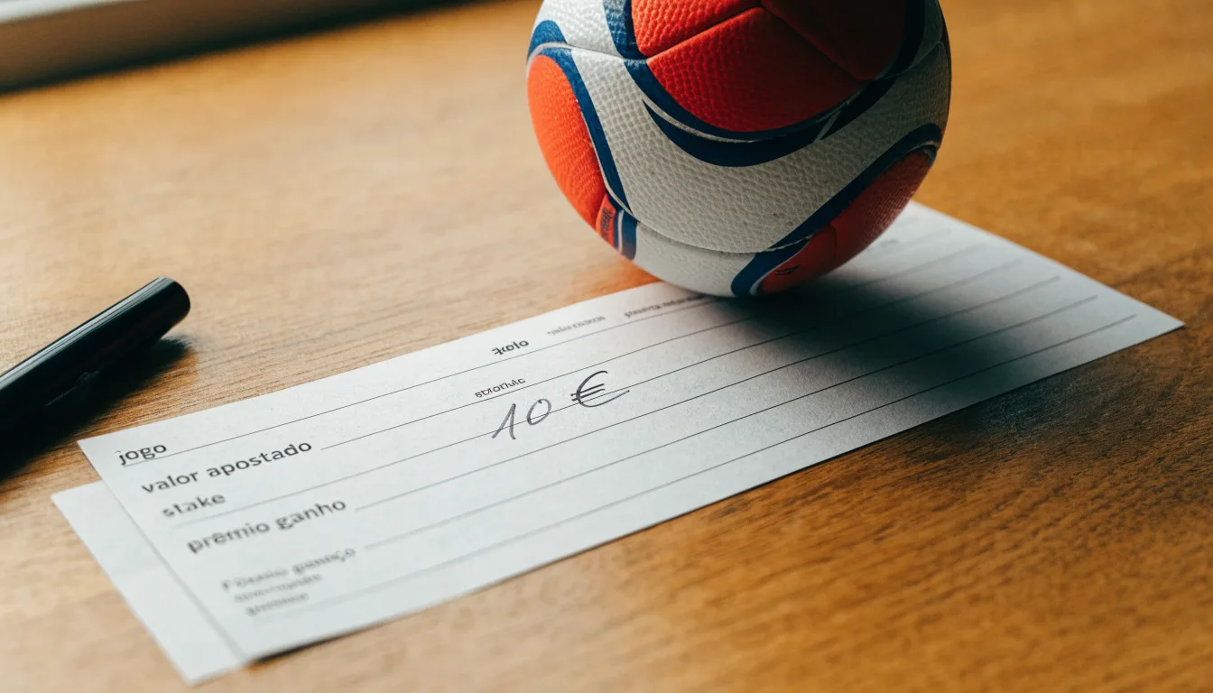Uma bola de futebol pousada sobre um talão de apostas em branco numa mesa de madeira, à luz do dia