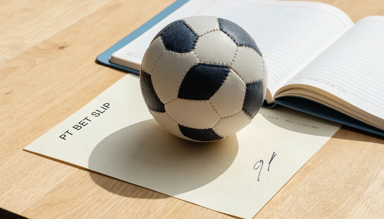 Uma bola de futebol pousada sobre um talão de apostas em branco numa mesa de madeira, à luz do dia