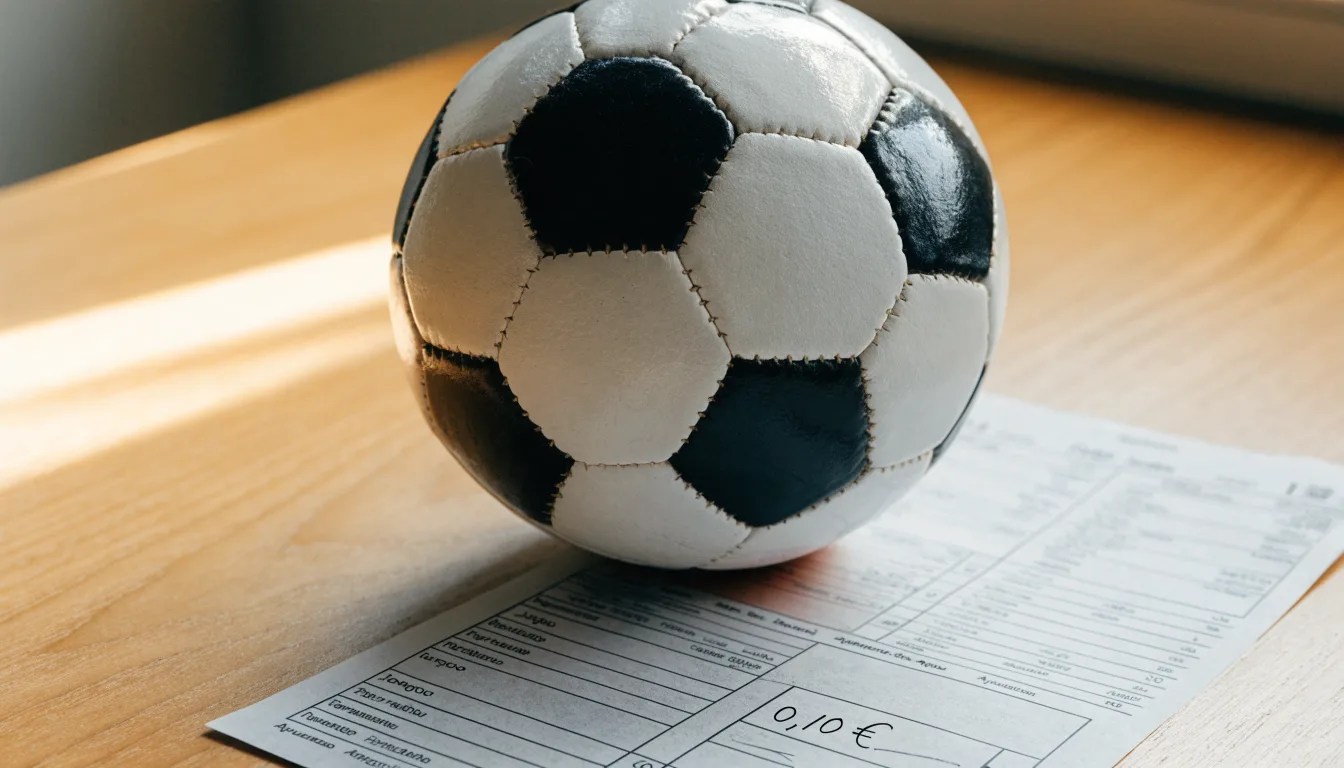 Uma bola de futebol pousada sobre um talão de apostas em branco numa mesa de madeira, à luz do dia