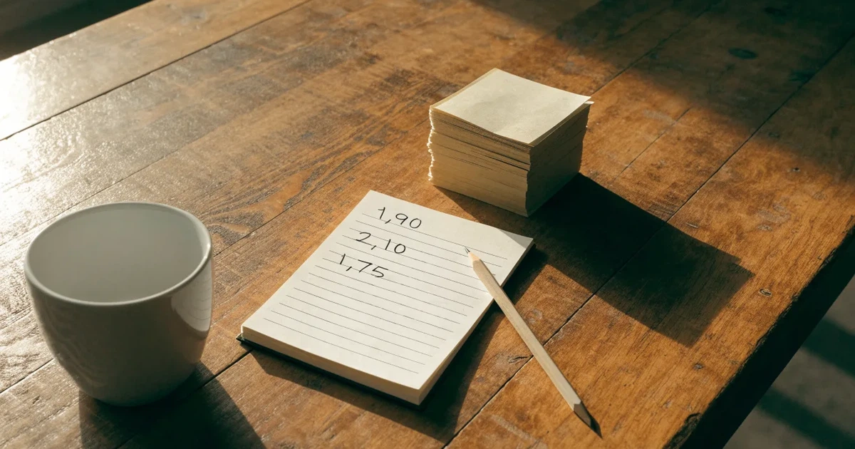 Um caderno aberto com cotas escritas à mão, uma calculadora e um lápis sobre uma mesa de madeira