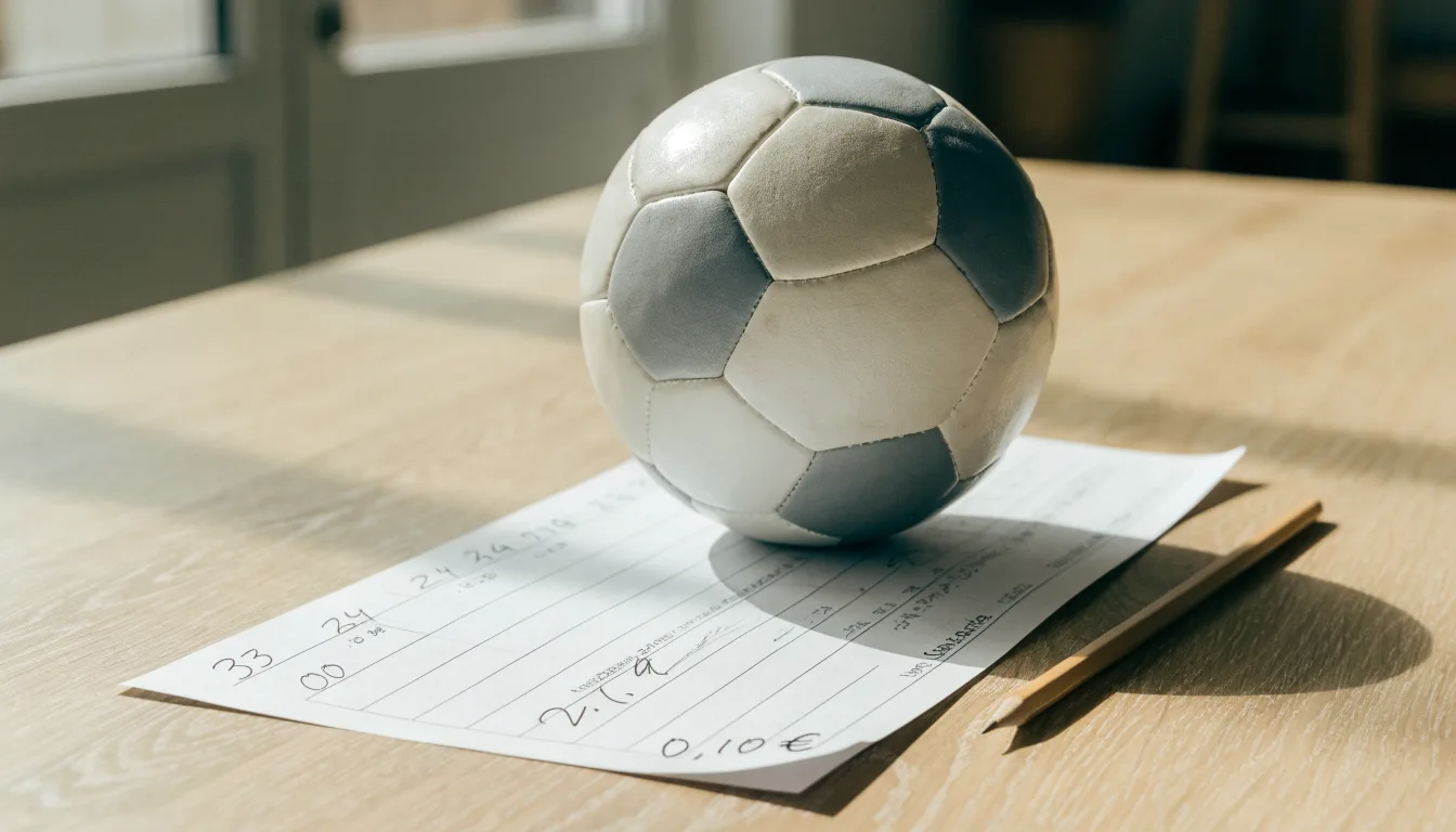 Uma bola de futebol pousada sobre um talão de apostas em branco numa mesa de madeira, à luz do dia