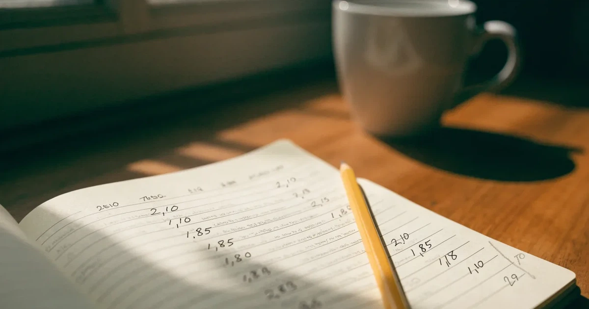 Um caderno aberto com cotas escritas à mão, uma calculadora e um lápis sobre uma mesa de madeira