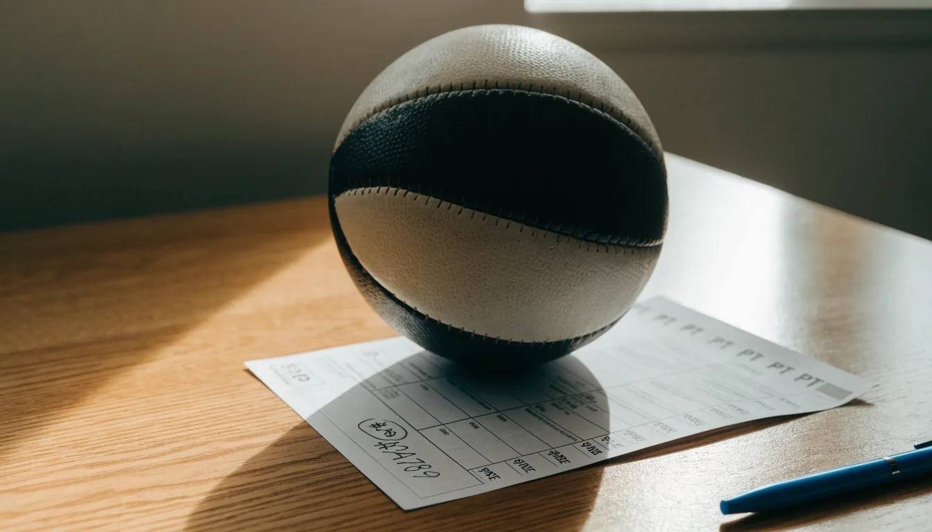 Uma bola de futebol pousada sobre um talão de apostas em branco numa mesa de madeira, à luz do dia