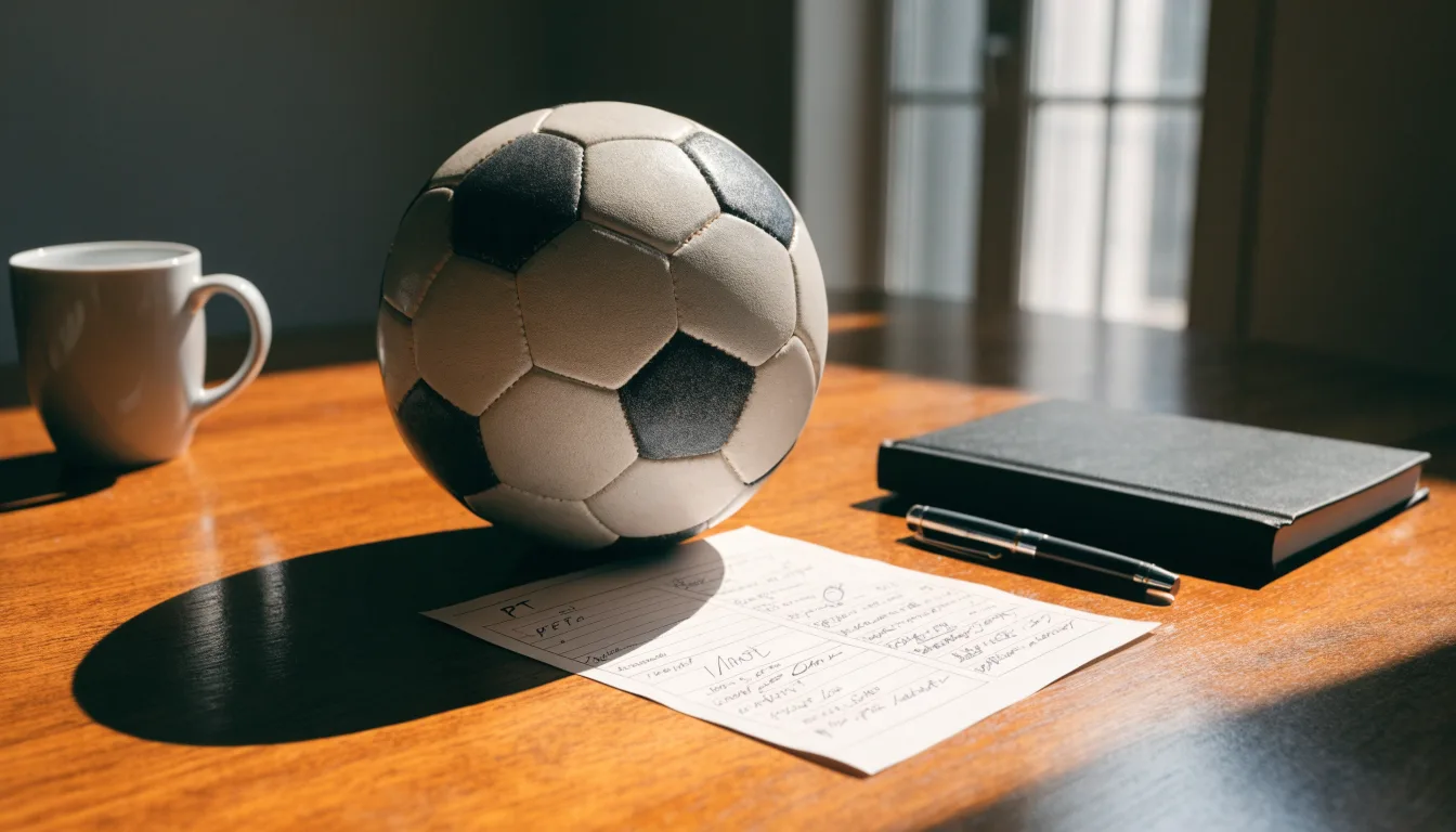 Uma bola de futebol pousada sobre um talão de apostas em branco numa mesa de madeira, à luz do dia