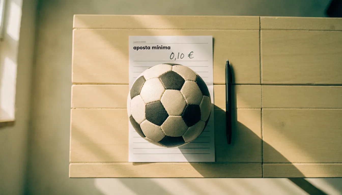 Uma bola de futebol pousada sobre um talão de apostas em branco numa mesa de madeira, à luz do dia