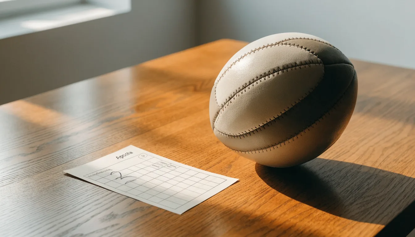 Uma bola de futebol pousada sobre um talão de apostas em branco numa mesa de madeira, à luz do dia