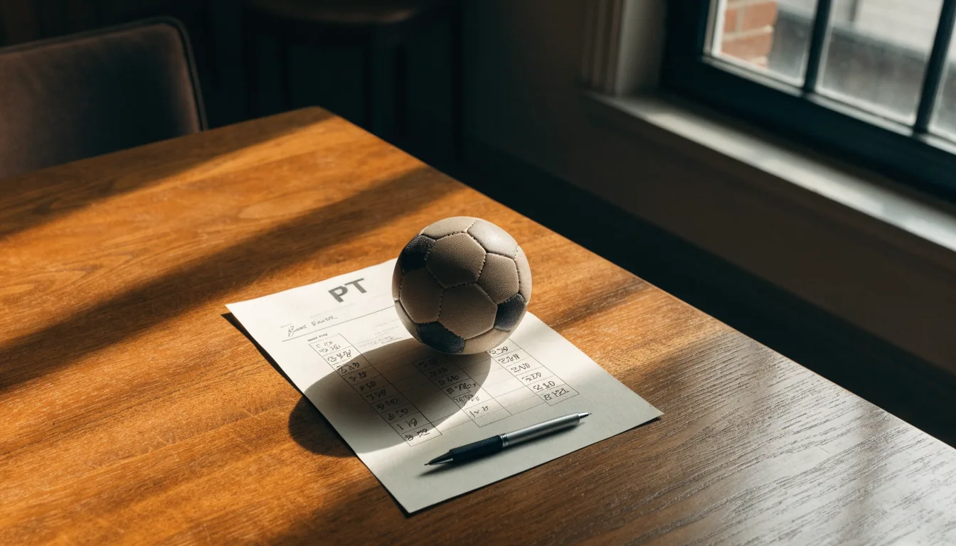 Uma bola de futebol pousada sobre um talão de apostas em branco numa mesa de madeira, à luz do dia
