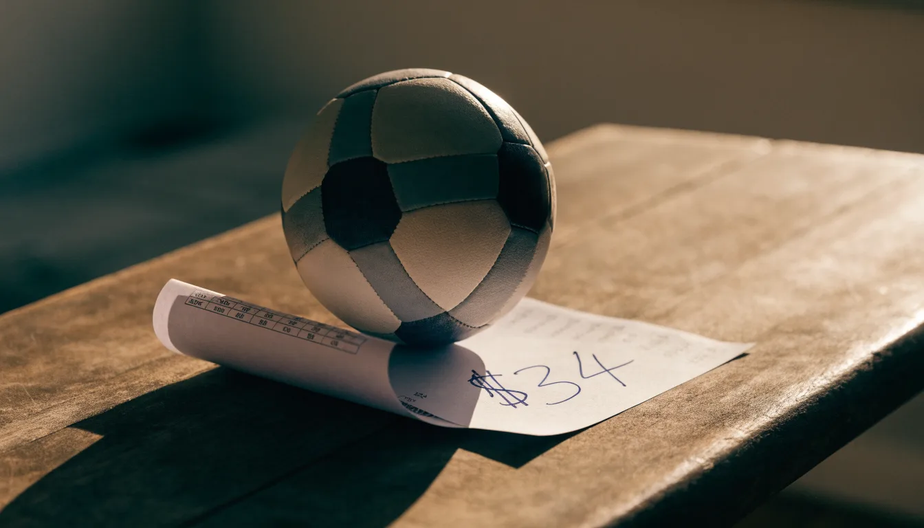 Uma bola de futebol pousada sobre um talão de apostas em branco numa mesa de madeira, à luz do dia