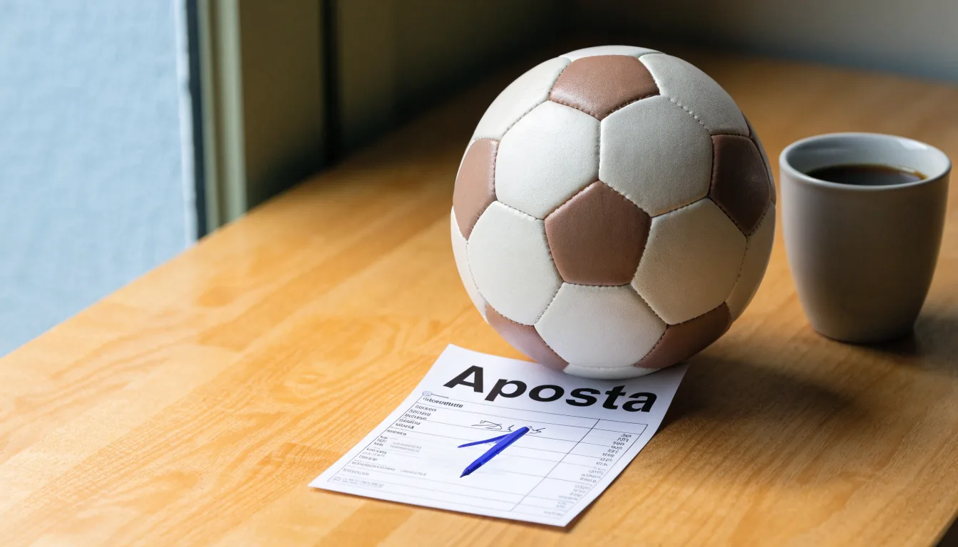 Uma bola de futebol pousada sobre um talão de apostas em branco numa mesa de madeira, à luz do dia
