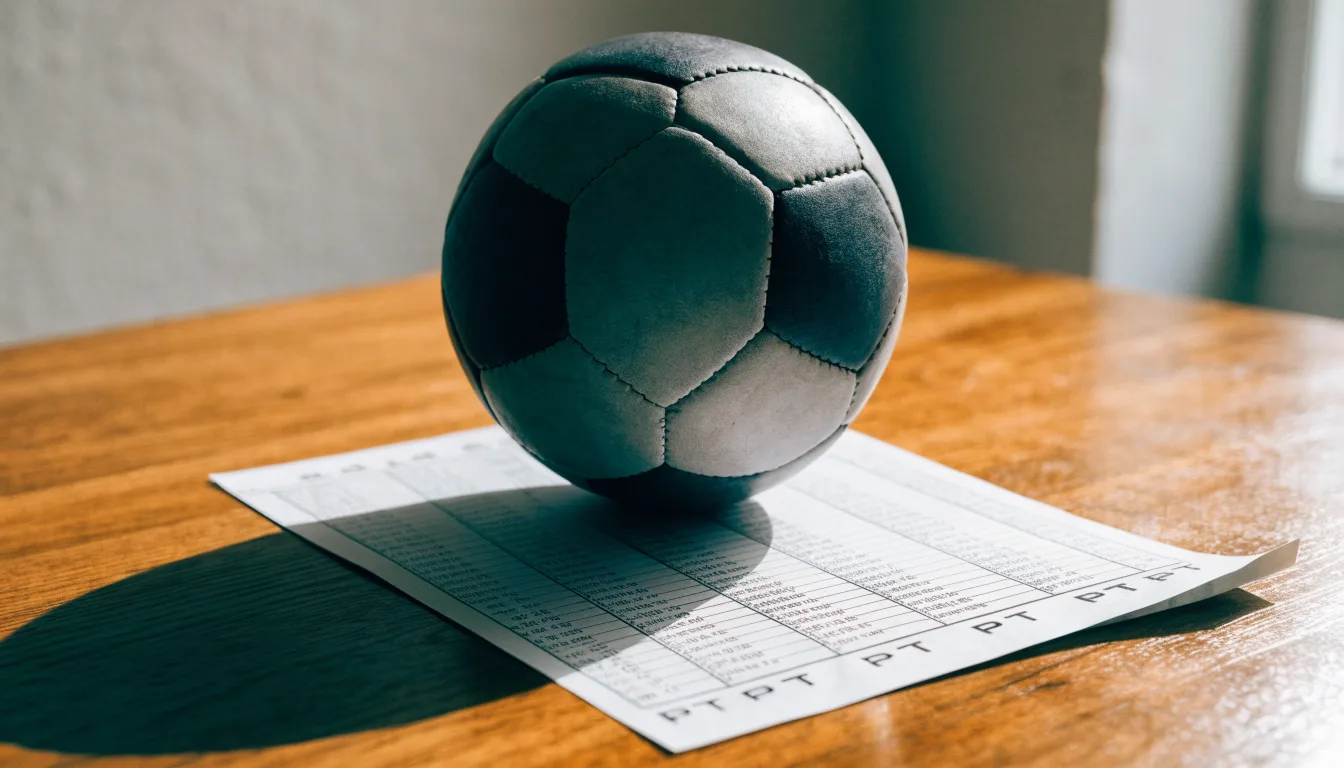 Uma bola de futebol pousada sobre um talão de apostas em branco numa mesa de madeira, à luz do dia