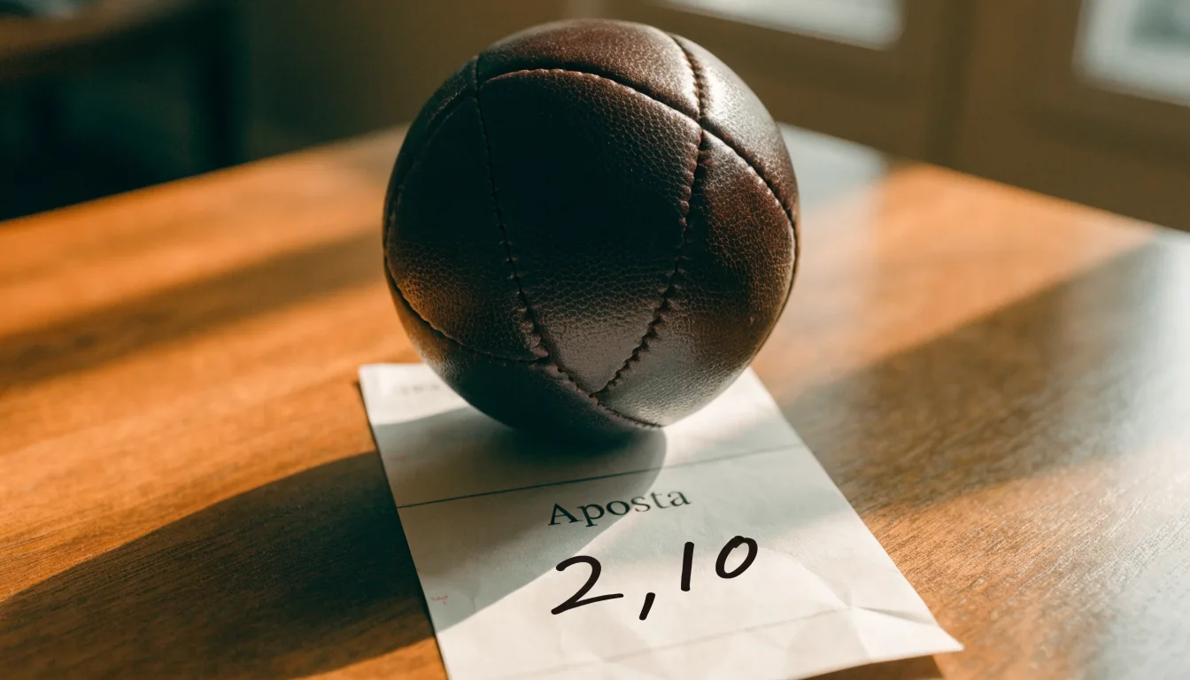 Uma bola de futebol pousada sobre um talão de apostas em branco numa mesa de madeira, à luz do dia