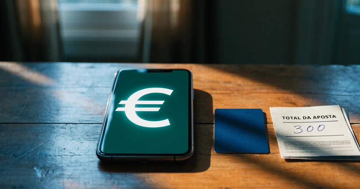 Um telemóvel e um cartão bancário lado a lado numa mesa de madeira, com algumas notas de euro ao lado