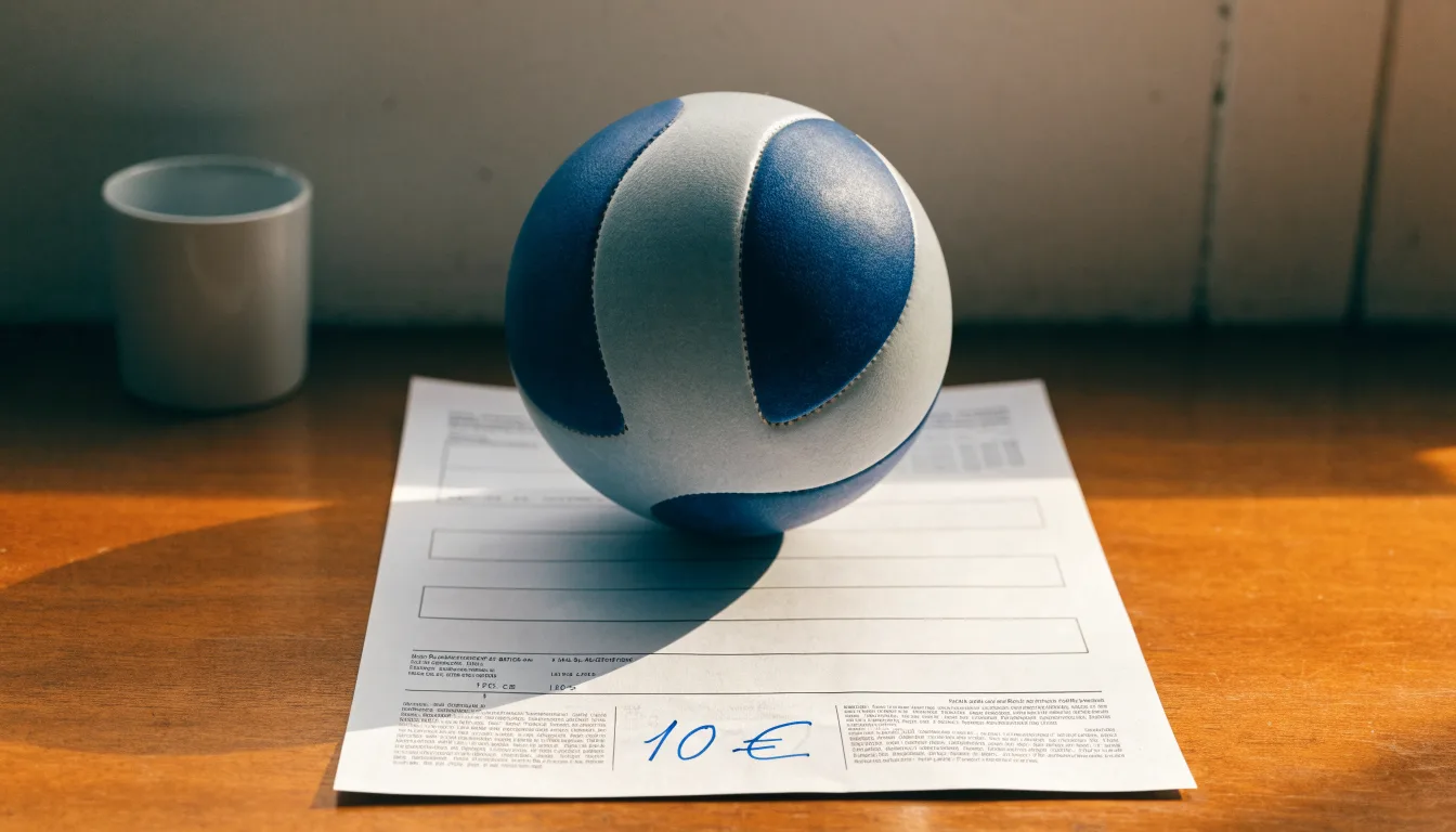 Uma bola de futebol pousada sobre um talão de apostas em branco numa mesa de madeira, à luz do dia
