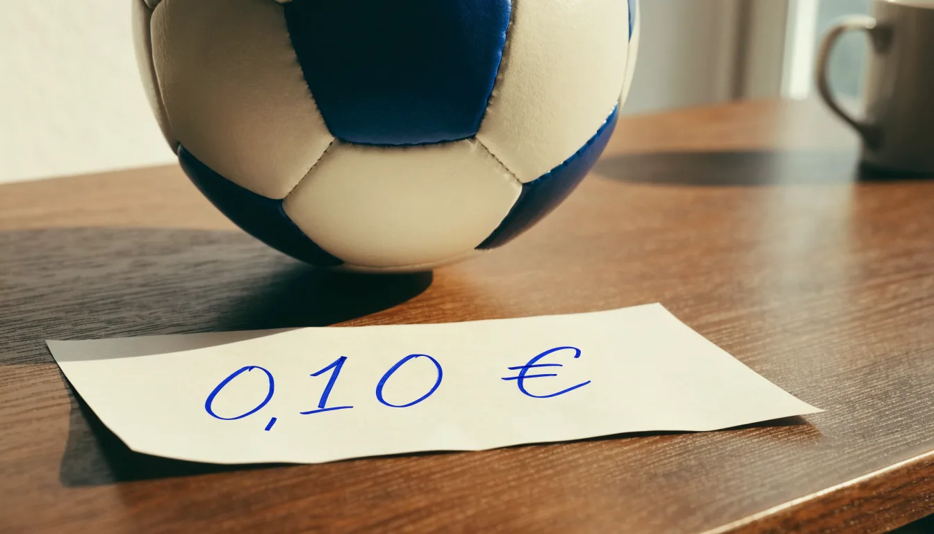 Uma bola de futebol pousada sobre um talão de apostas em branco numa mesa de madeira, à luz do dia