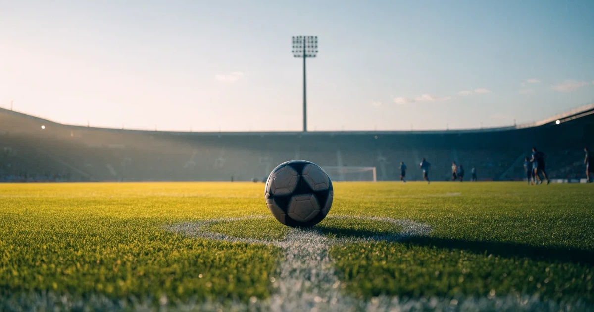 Uma bola de futebol no ponto central de um relvado, à luz da manhã