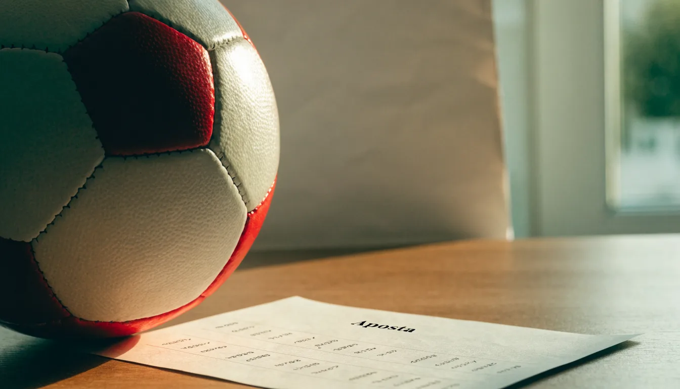Uma bola de futebol pousada sobre um talão de apostas em branco numa mesa de madeira, à luz do dia