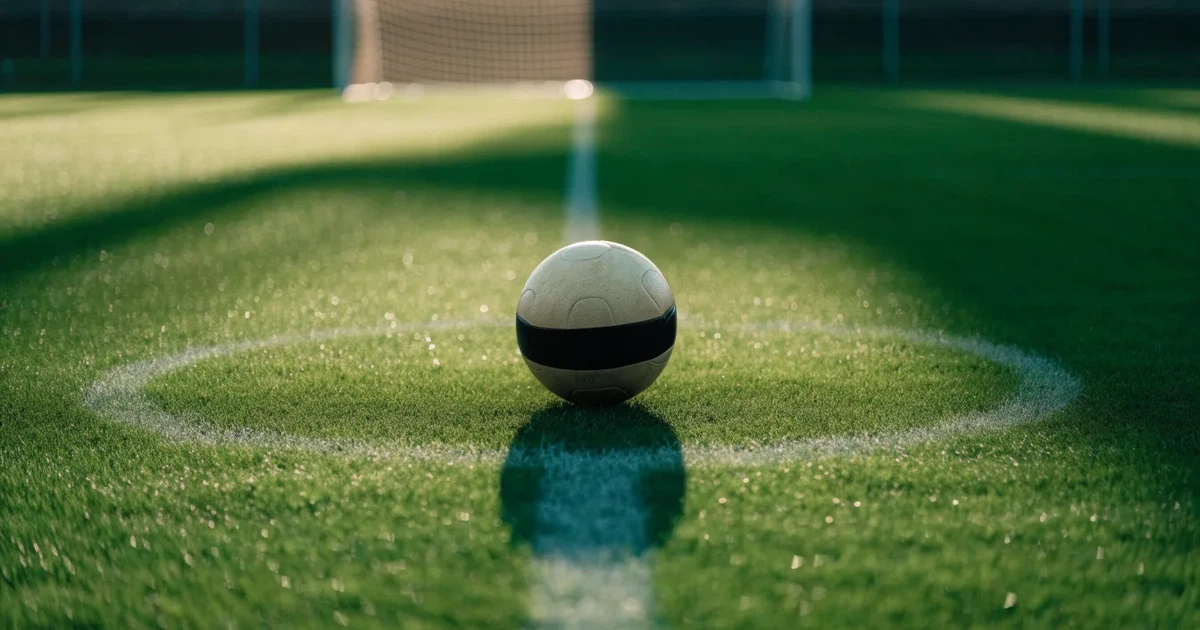 Uma bola de futebol no ponto central de um relvado, à luz da manhã
